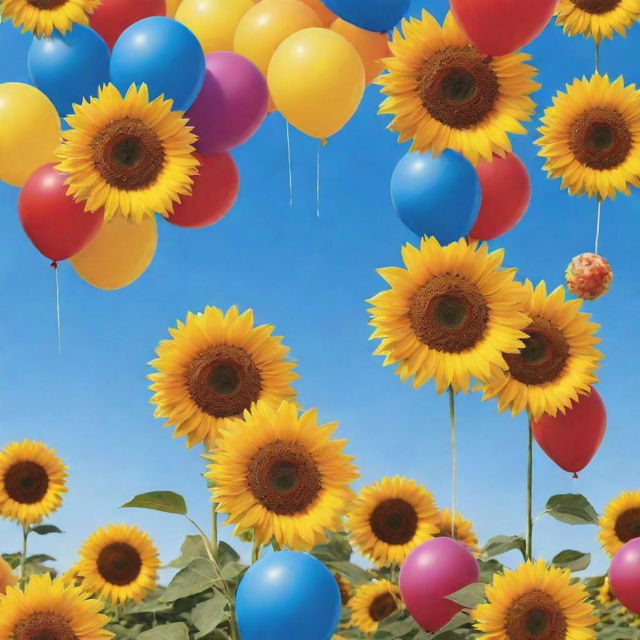 Generate a vibrant, joyful backdrop full of vivid colors, balloons, sunflowers, and a bright sun illuminating a clear blue sky.