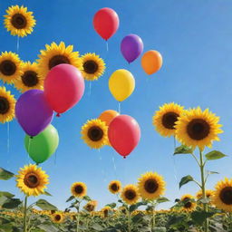 Generate a vibrant, joyful backdrop full of vivid colors, balloons, sunflowers, and a bright sun illuminating a clear blue sky.