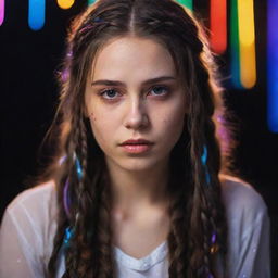 A beautiful, melancholic girl with very long hair braiding it as tears fall from her eyes, enhance with an ethereal ambience of colored lights surrounding her.