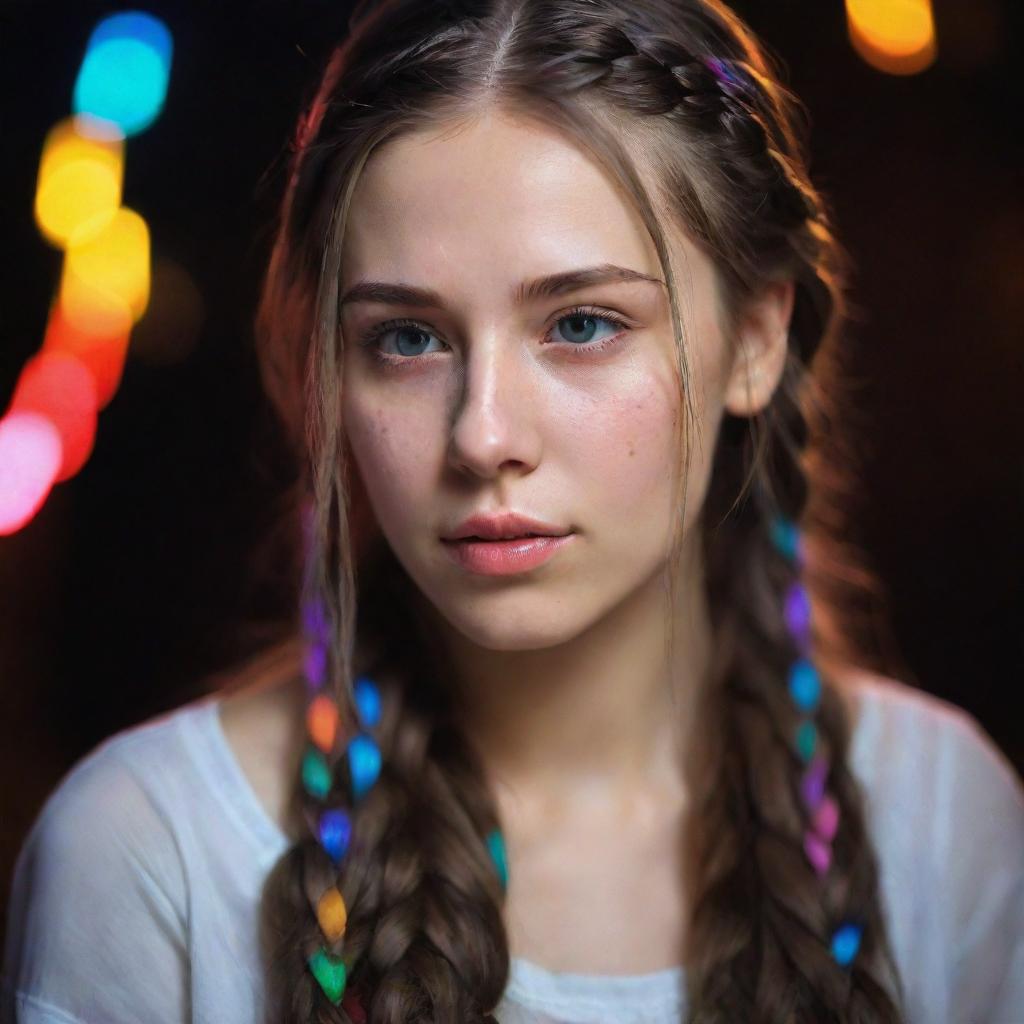 A beautiful, melancholic girl with very long hair braiding it as tears fall from her eyes, enhance with an ethereal ambience of colored lights surrounding her.