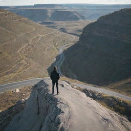 A lone man standing confidently on a massive, rugged rock, overlooking a winding road that descends into the distance.