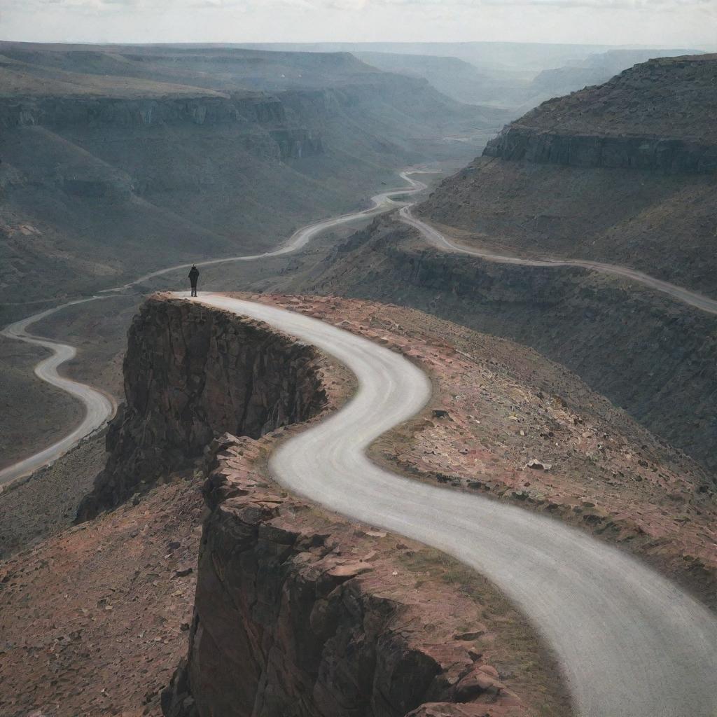 A lone man standing confidently on a massive, rugged rock, overlooking a winding road that descends into the distance.