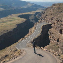 A lone man standing confidently on a massive, rugged rock, overlooking a winding road that descends into the distance.