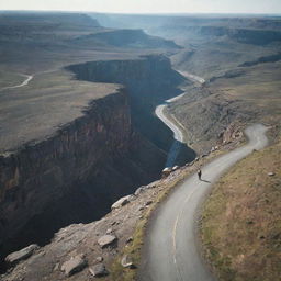 A lone man standing confidently on a massive, rugged rock, overlooking a winding road that descends into the distance.