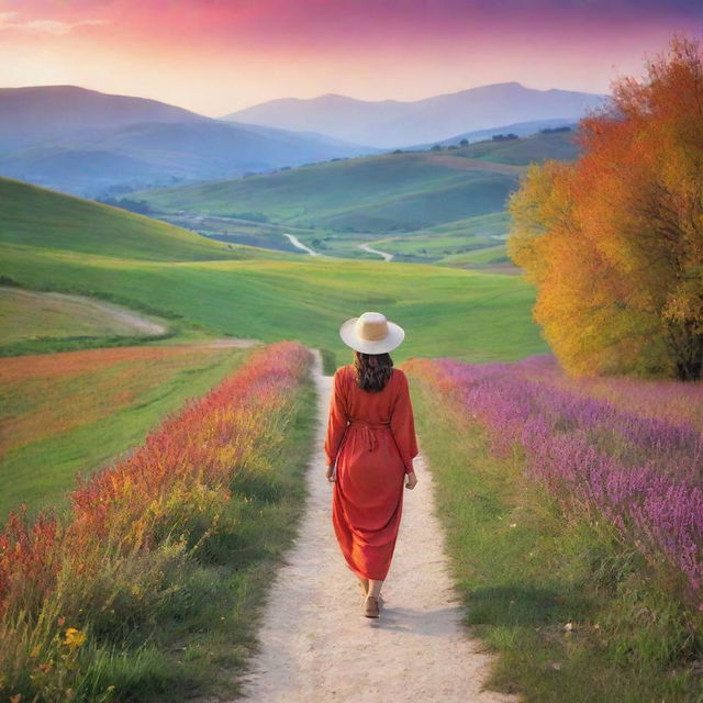 A woman on a journey, seeking for happiness, in a peaceful and serene landscape filled with vibrant colors reflecting her emotions.