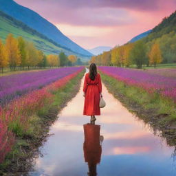 A woman on a journey, seeking for happiness, in a peaceful and serene landscape filled with vibrant colors reflecting her emotions.