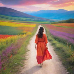 A woman on a journey, seeking for happiness, in a peaceful and serene landscape filled with vibrant colors reflecting her emotions.