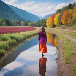 A woman on a journey, seeking for happiness, in a peaceful and serene landscape filled with vibrant colors reflecting her emotions.