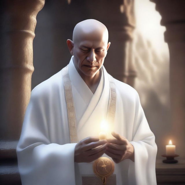 A high-quality digital art image showcasing a thin, intelligent, monk-like mentor in a fantasy world