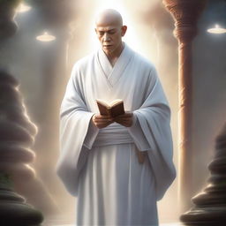 A high-quality digital art image showcasing a thin, intelligent, monk-like mentor in a fantasy world