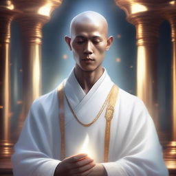 A high-quality digital art image showcasing a thin, intelligent, monk-like mentor in a fantasy world