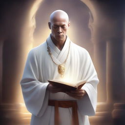 A high-quality digital art image showcasing a thin, intelligent, monk-like mentor in a fantasy world