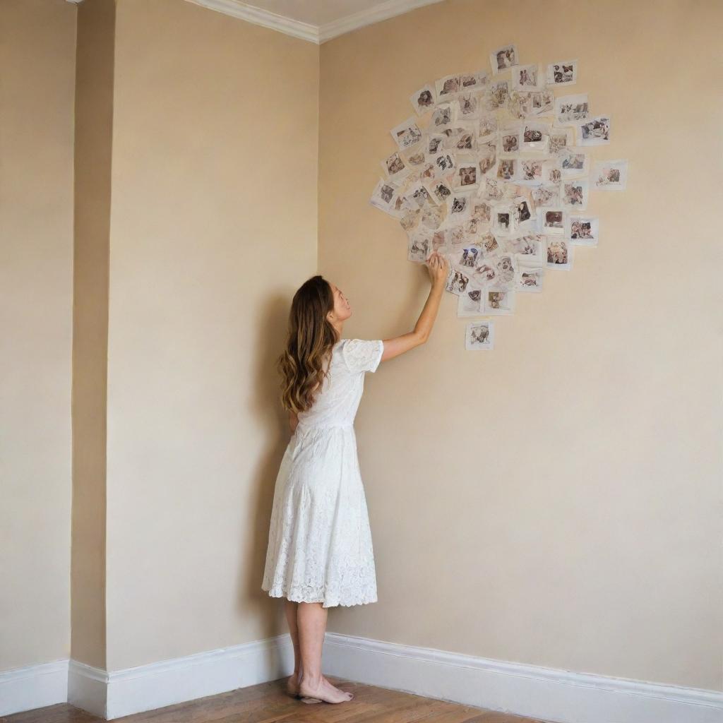 Reimagine the previous image of the woman seeking happiness, placing her in a corner, leaving ample space for adding inspirational quotes.