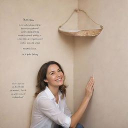 Reimagine the previous image of the woman seeking happiness, placing her in a corner, leaving ample space for adding inspirational quotes.