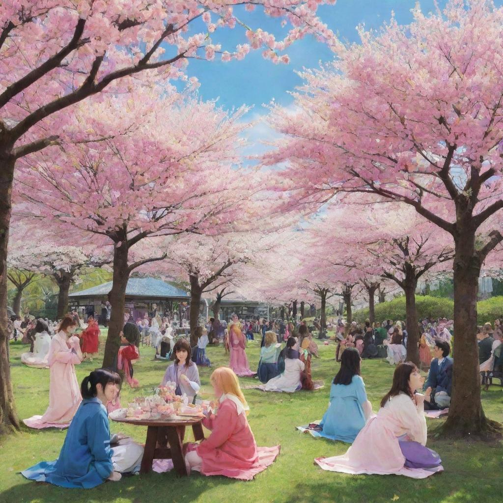 A colorful anime scene with vibrant characters engaged in a friendly outdoor gathering, with a cherry blossom tree in the background