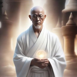 A high-definition digital art image captures a thin, intelligent monk-like mentor in a fantasy world