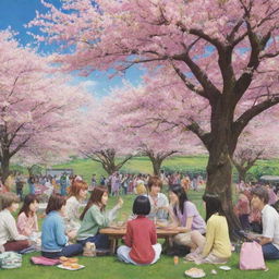 A colorful anime scene with vibrant characters engaged in a friendly outdoor gathering, with a cherry blossom tree in the background