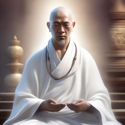 A high-definition digital art image captures a thin, intelligent monk-like mentor in a fantasy world