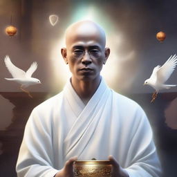 A high-definition digital art image captures a thin, intelligent monk-like mentor in a fantasy world