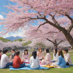 A colorful anime scene with vibrant characters engaged in a friendly outdoor gathering, with a cherry blossom tree in the background