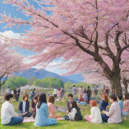 A colorful anime scene with vibrant characters engaged in a friendly outdoor gathering, with a cherry blossom tree in the background