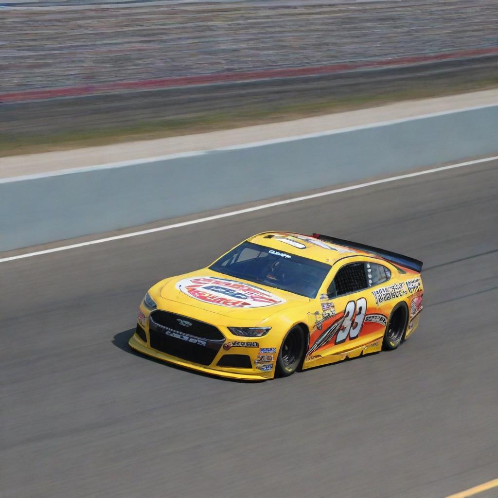 An image of a high-speed NASCAR race car with a vibrant livery, speeding along a racetrack.