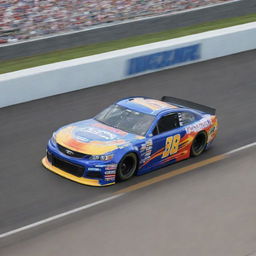 An image of a high-speed NASCAR race car with a vibrant livery, speeding along a racetrack.