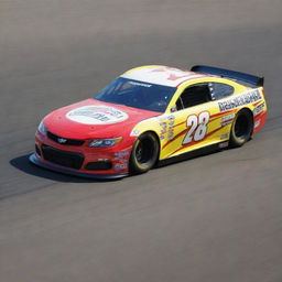 An image of a high-speed NASCAR race car with a vibrant livery, speeding along a racetrack.