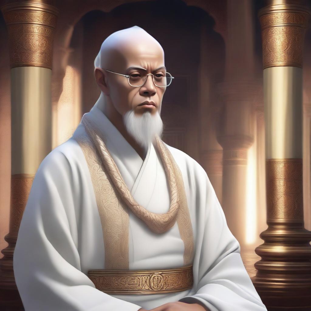 A high-definition digital art image vividly depicts a thin, intelligent monk-like mentor in a fantasy world