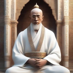 A high-definition digital art image vividly depicts a thin, intelligent monk-like mentor in a fantasy world