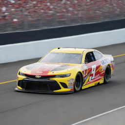 An image of a high-speed NASCAR race car with a vibrant livery, speeding along a racetrack.