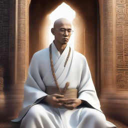 A high-definition digital art image vividly depicts a thin, intelligent monk-like mentor in a fantasy world