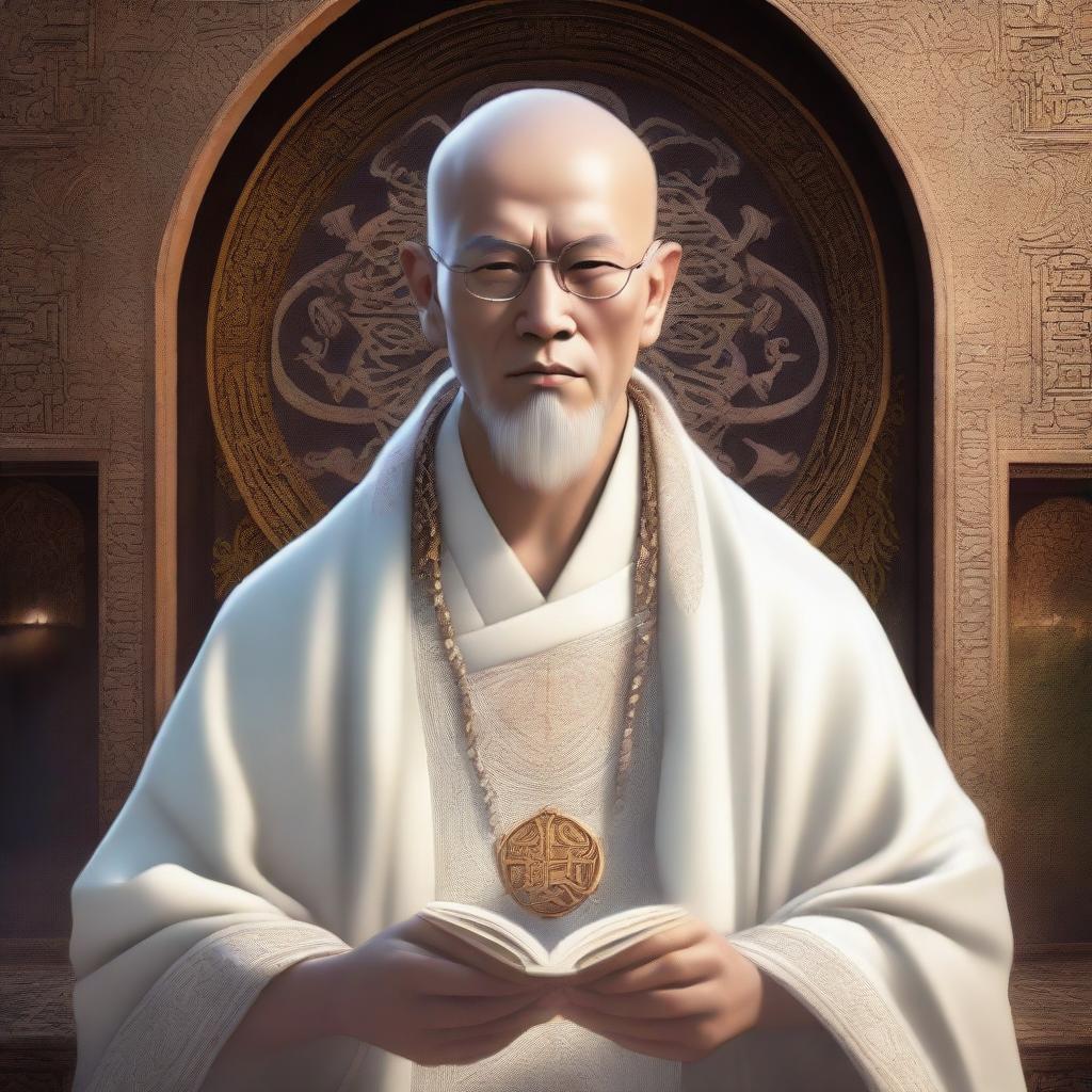 A high-definition digital art image vividly depicts a thin, intelligent monk-like mentor in a fantasy world