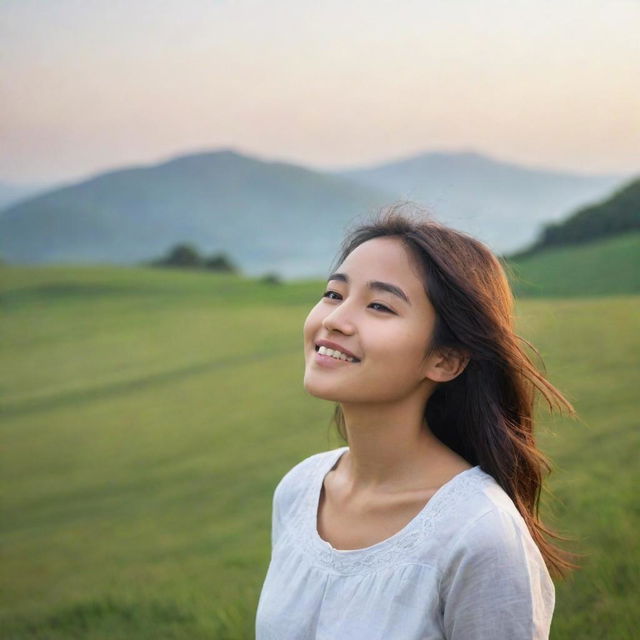 A girl seeking happiness, positioned in the background of a serene landscape, forming a harmonious and thoughtful cover image.