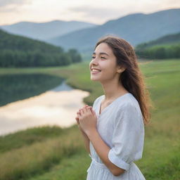 A girl seeking happiness, positioned in the background of a serene landscape, forming a harmonious and thoughtful cover image.