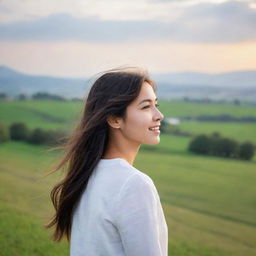 A girl seeking happiness, positioned in the background of a serene landscape, forming a harmonious and thoughtful cover image.