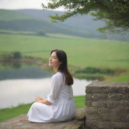 A girl seeking happiness, positioned discreetly in a corner of the background, against a tranquil, serene landscape for a thoughtful cover.