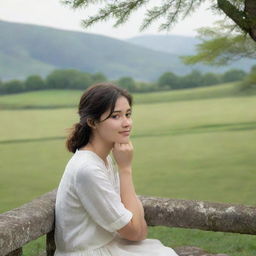 A girl seeking happiness, positioned discreetly in a corner of the background, against a tranquil, serene landscape for a thoughtful cover.