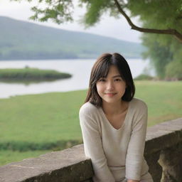 A girl seeking happiness, positioned discreetly in a corner of the background, against a tranquil, serene landscape for a thoughtful cover.