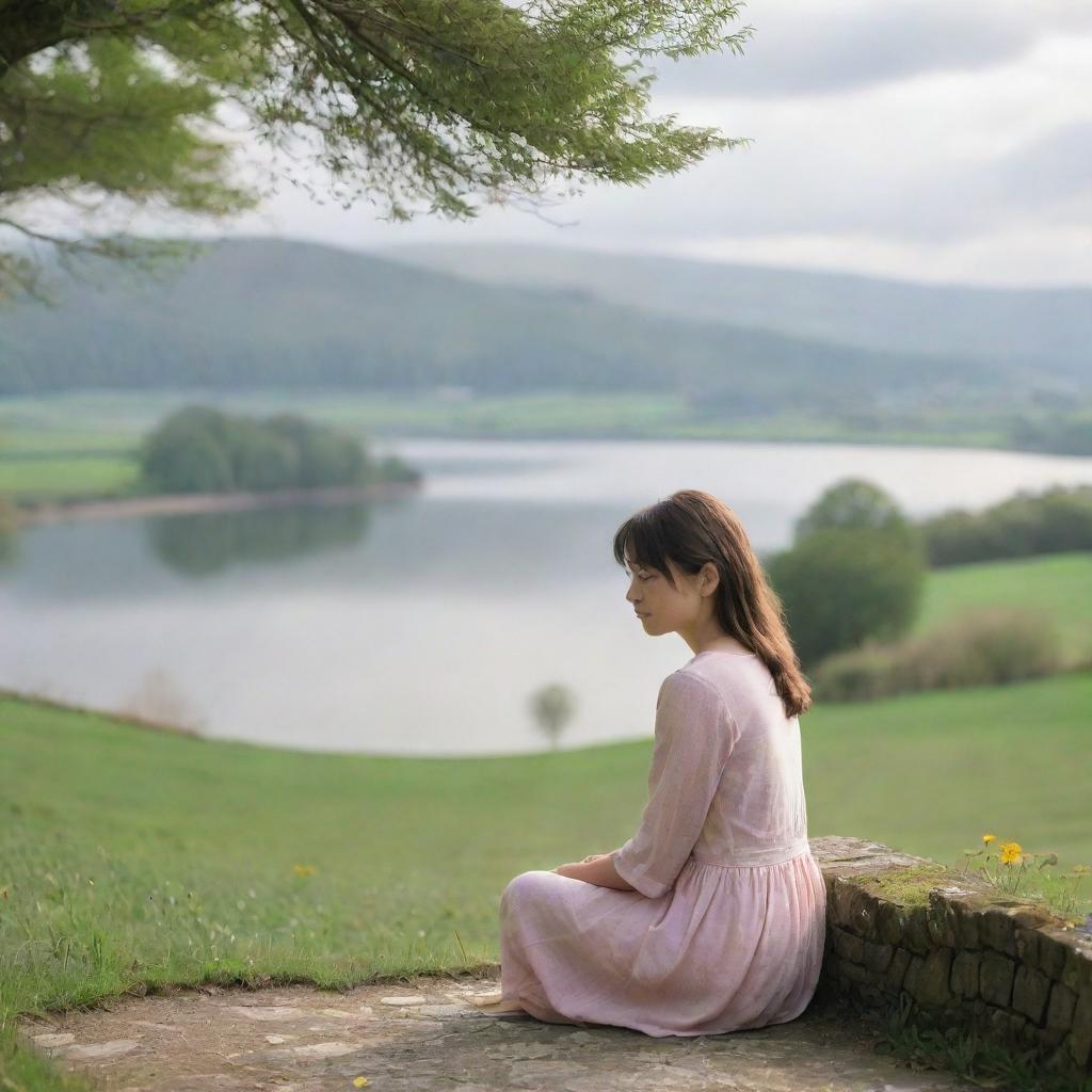 A girl seeking happiness, positioned discreetly in a corner of the background, against a tranquil, serene landscape for a thoughtful cover.