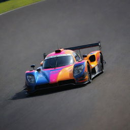 A dynamic image of a high-performance racing car on a track, showcasing speed, aerodynamic design, and vivid colors.