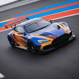 A dynamic image of a high-performance racing car on a track, showcasing speed, aerodynamic design, and vivid colors.