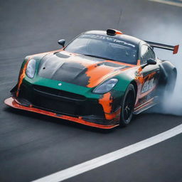 A powerful and vibrant image of a wild racing car with unique designs, aggressively speeding on a challenging race track.