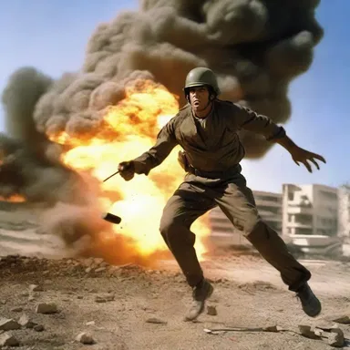In the intense action movie, the hero dodged the mortar fire as it exploded all around him.