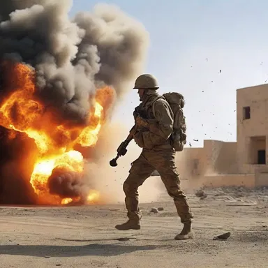 In the intense action movie, the hero dodged the mortar fire as it exploded all around him.