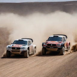 An exhilarating image of Dakar rally cars and traditional rally cars in a head-to-head race, showing contrast in design and terrain.