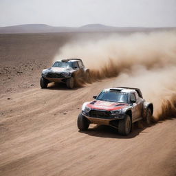 An exhilarating image of Dakar rally cars and traditional rally cars in a head-to-head race, showing contrast in design and terrain.