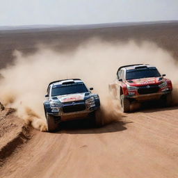 An exhilarating image of Dakar rally cars and traditional rally cars in a head-to-head race, showing contrast in design and terrain.