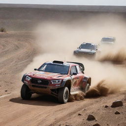 An exhilarating image of Dakar rally cars and traditional rally cars in a head-to-head race, showing contrast in design and terrain.