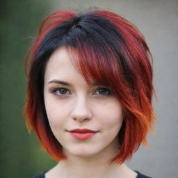 A stylish teen with vibrantly dyed short hair that transitions from black at the roots to fiery red at the tips.